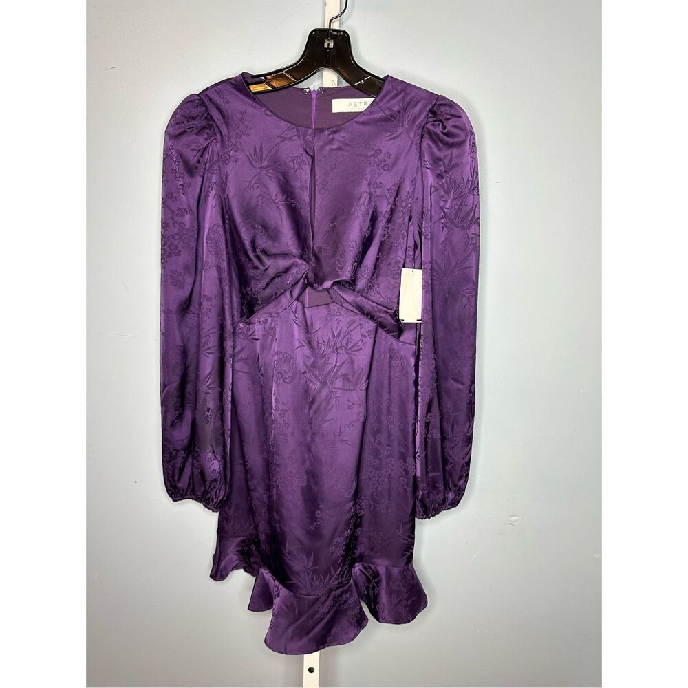 NWT ASTR Women's Purple Satin Puff Shoulder Mini Dress Size small